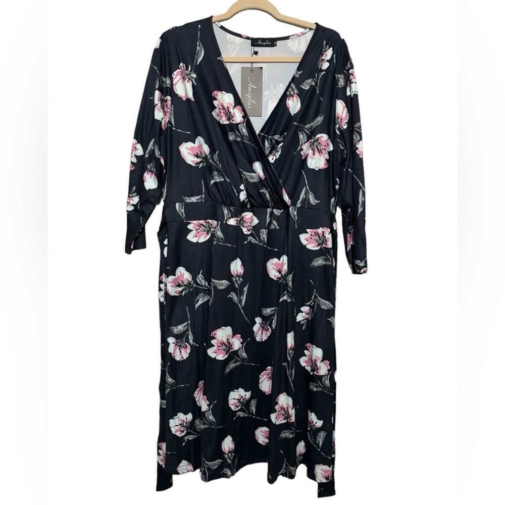 AmzPlus NWT Navy Blue‎ Purple Spring Floral Modest Midi Dress Women’s Size XXL